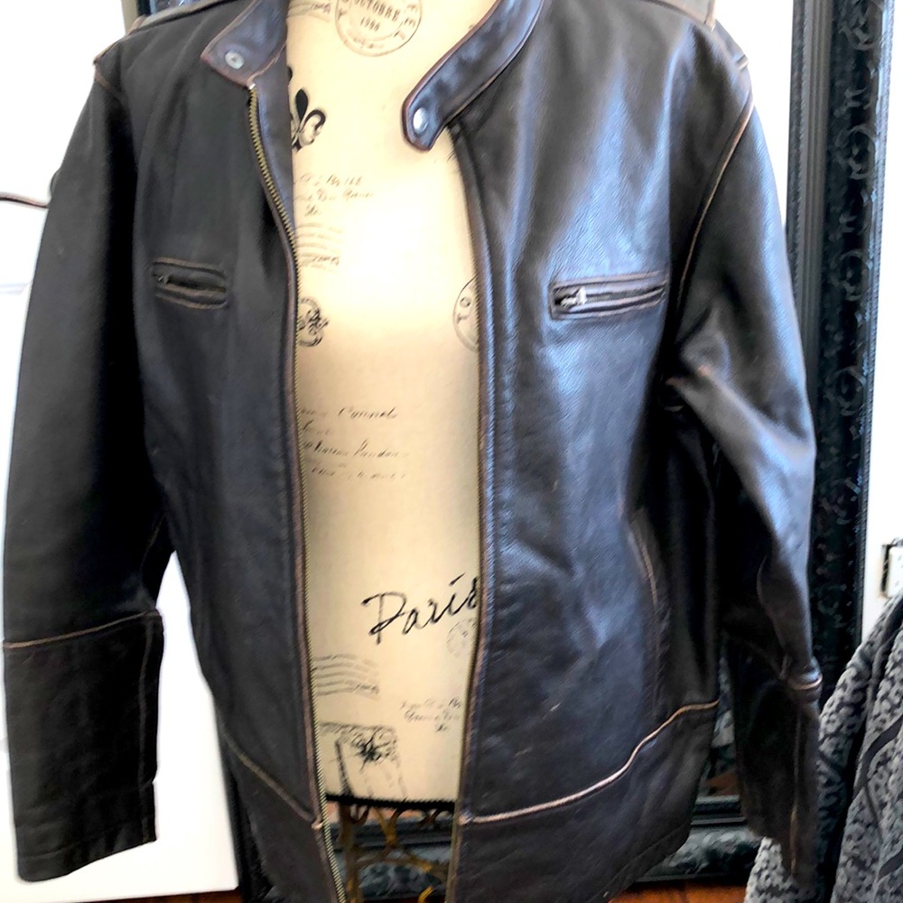SzM mens dark brown distressed leather coat